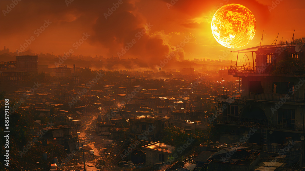 A dystopian solar planet with a dark, polluted sky and decaying infrastructure A dystopian solar planet with a dark, polluted sky and decaying infrastructure