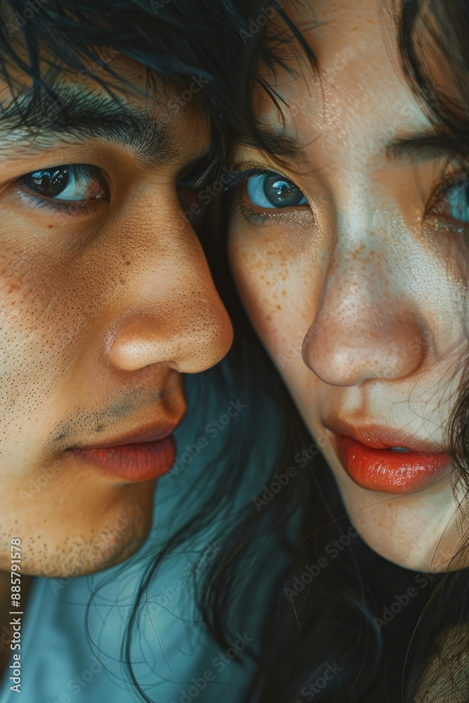 Closeup portrait young Asian Chinese couple in love, featuring man and woman Closeup portrait young Asian Chinese couple in love, featuring man and woman