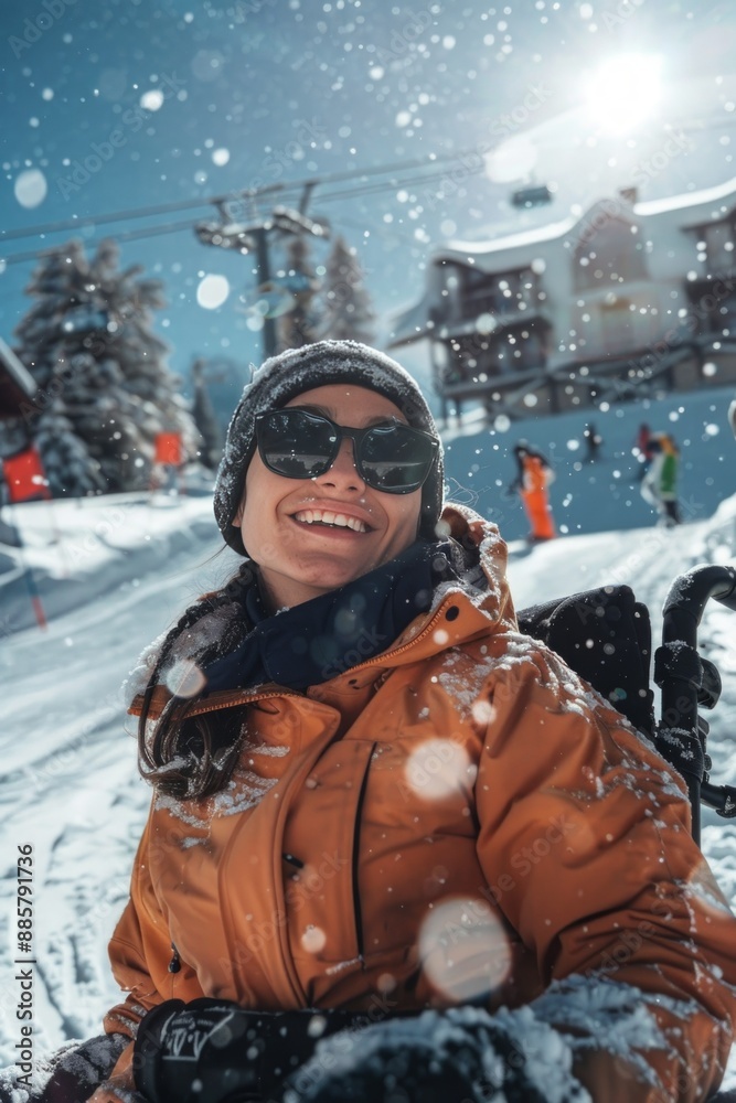 Disabled young woman in wheelchair enjoys snowy ski resort, symbolizing winter accessibility Disabled young woman in wheelchair enjoys snowy ski resort, symbolizing winter accessibility