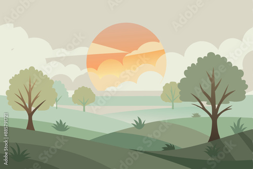 Abstract vector illustration of a scenic sunrise landscape with trees, hills, and a soft pastel color palette.