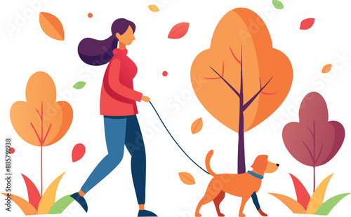 Vector illustration of a woman walking her dog in an autumn park with colorful trees and falling leaves. photo