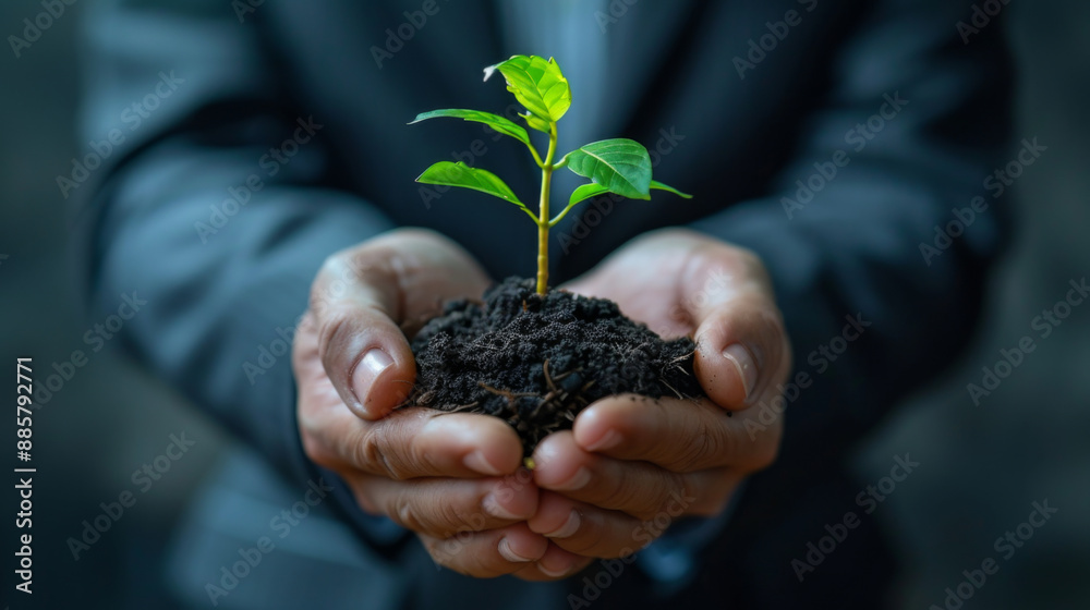 Close-up of hands holding a small seedling planted in soil, symbolizing growth, nurturing, and sustainability. Close-up of hands holding a small seedling planted in soil, symbolizing growth, nurturing, and sustainability.