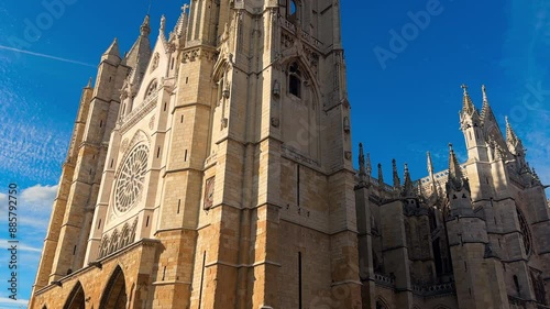 Scenic view of Gothic Cathedral of Leon, Castile and Leon, Spain. High quality 4k footage photo