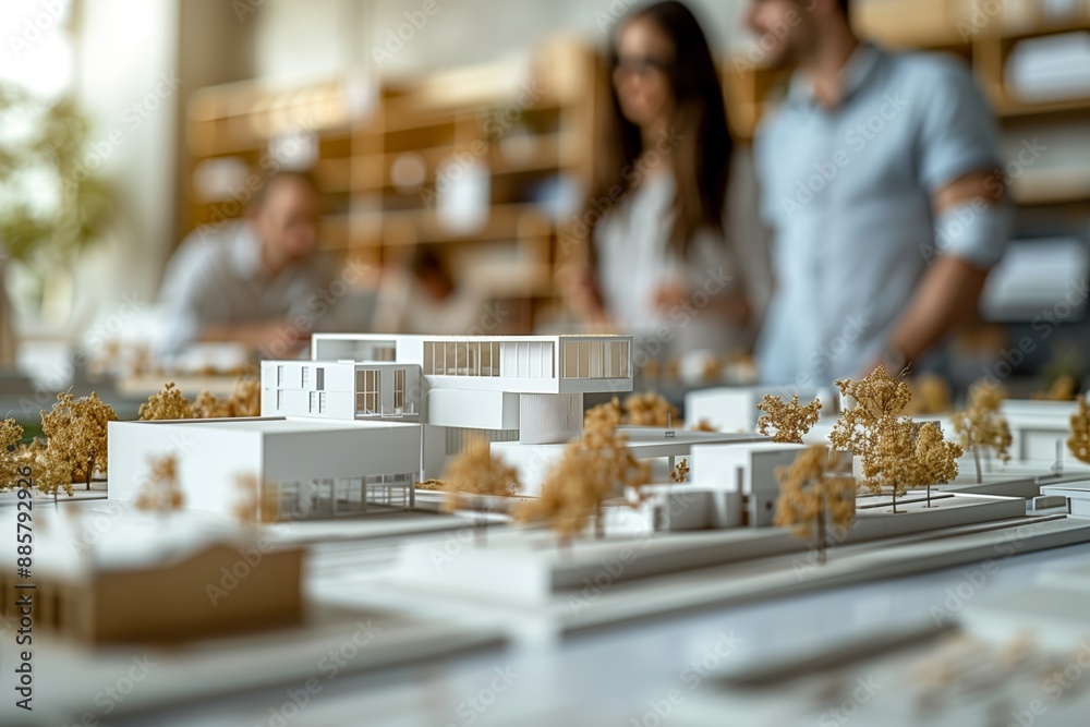 A close-up view of a detailed architectural model of a modern building, with a blurred background featuring two architects discussing the design. A close-up view of a detailed architectural model of a modern building, with a blurred background featuring two architects discussing the design.