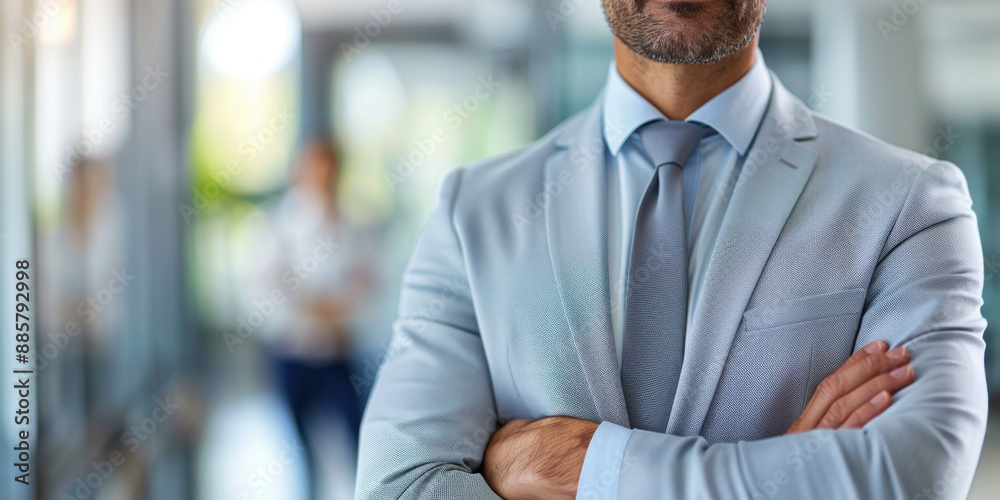 Close-up of a confident businessman in a light suit with arms crossed, symbolizing leadership and professionalism. Close-up of a confident businessman in a light suit with arms crossed, symbolizing leadership and professionalism.