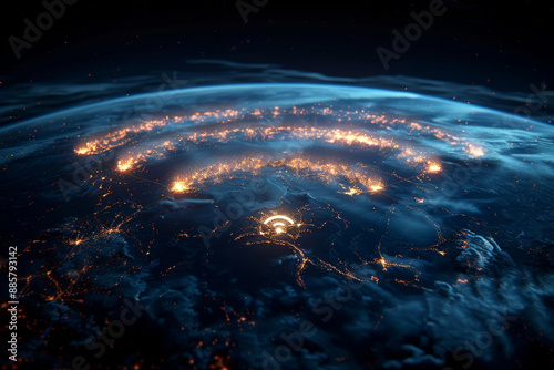 Glowing Wifi Symbol Over Earth at Night