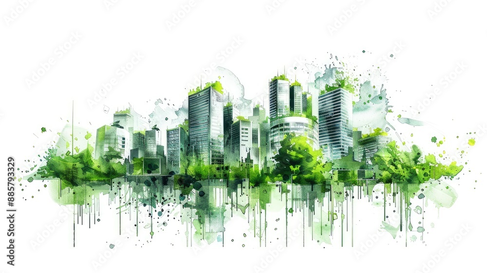 Obraz premium Eco-Friendly Green Building with Sustainable Watercolor Design