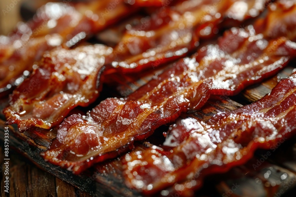 Delicious bacon strips resting on a wooden cutting board after being cooked to perfection Delicious bacon strips resting on a wooden cutting board after being cooked to perfection