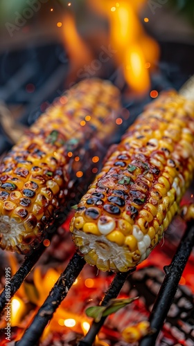 Two pieces of corn on a grill with a lot of smoke coming off of them photo