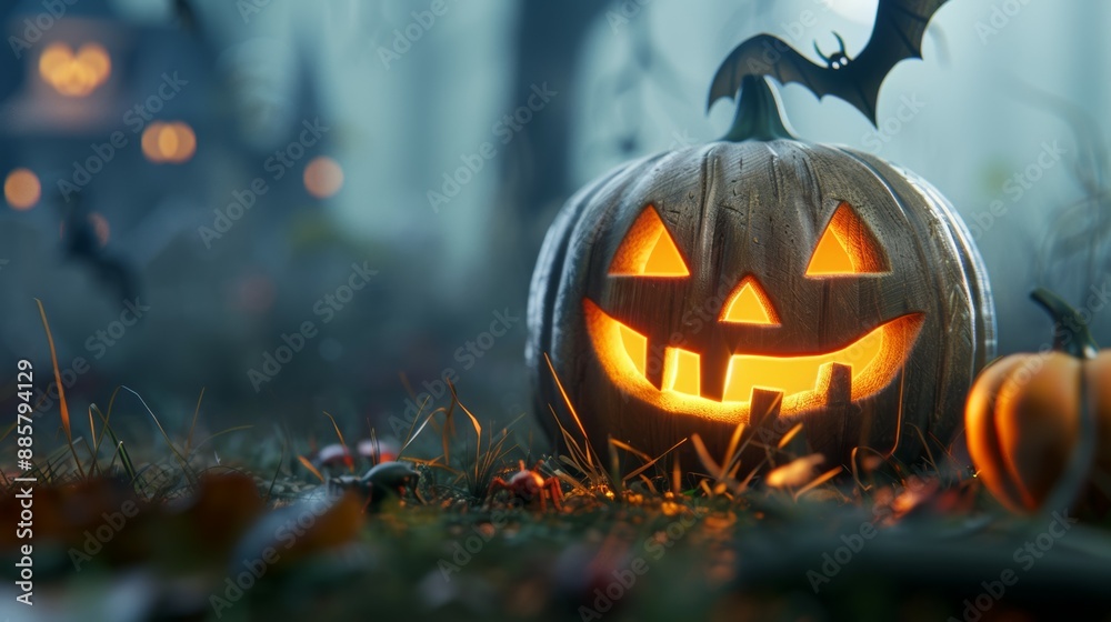 A pumpkin with a smiley face on it is lit up with a light A pumpkin with a smiley face on it is lit up with a light