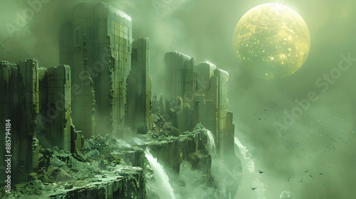  A dystopian solar planet with towering structures of an ancient civilization now in ruins