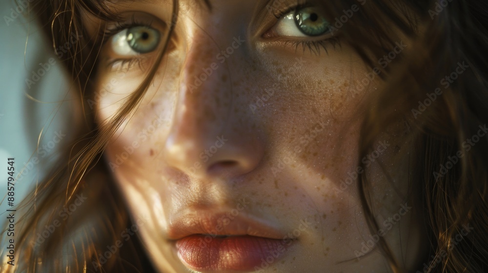 Close-up portrait of a woman with distinctive freckles on her face, suitable for use in personal or editorial contexts