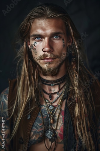 Tattooed Nordic young man with long hair jewelry, exuding rugged elegance and individuality
