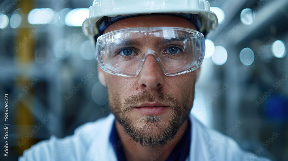 Close-up of a male engineer wearing a hard hat and safety goggles in an industrial setting, emphasizing safety and professionalism. Close-up of a male engineer wearing a hard hat and safety goggles in an industrial setting, emphasizing safety and professionalism.