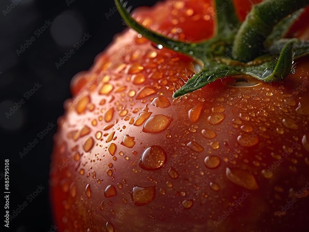 Closeup of a Red Tomato Covered in Water Drops, Photograph Closeup of a Red Tomato Covered in Water Drops, Photograph
