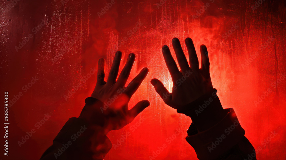 A photograph of hands pressed against a translucent surface, silhouetted in an eerie, dark red light, fingers spread out and creating a haunting, ghostly impression A photograph of hands pressed against a translucent surface, silhouetted in an eerie, dark red light, fingers spread out and creating a haunting, ghostly impression