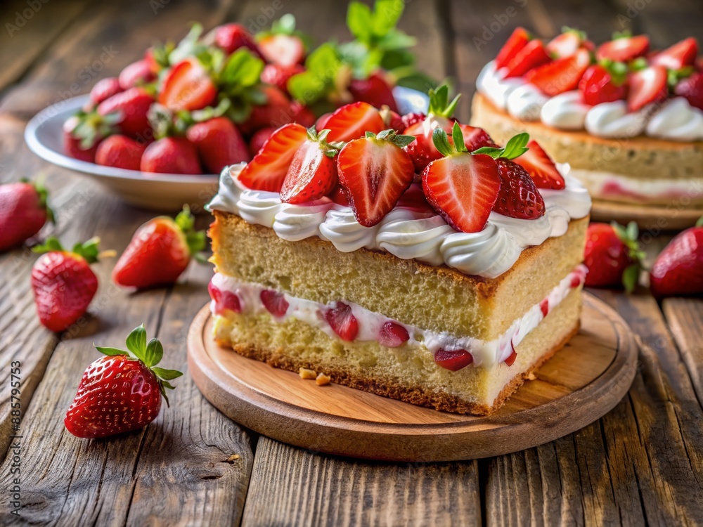 Freshly sliced strawberry yogurt topped meringue cake with whipped cream and juicy strawberries layered on a rustic wooden table with a soft blurred background. Freshly sliced strawberry yogurt topped meringue cake with whipped cream and juicy strawberries layered on a rustic wooden table with a soft blurred background.