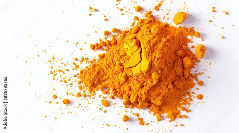 A close-up shot of a pile of turmeric powder on a clean white surface A close-up shot of a pile of turmeric powder on a clean white surface