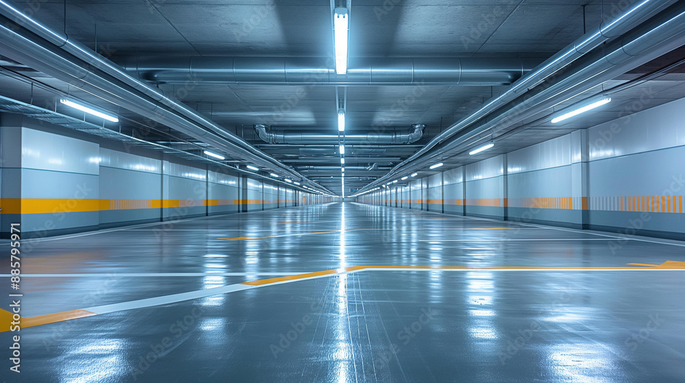 Obraz premium An underground parking garage. The ceiling is lined with metallic beams and pipes, illuminated by overhead fluorescent lights. The walls are painted in a muted gray, and the floor is marked with white