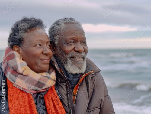 A couple standing together on a sunny beach, perfect for romantic getaway or travel photography