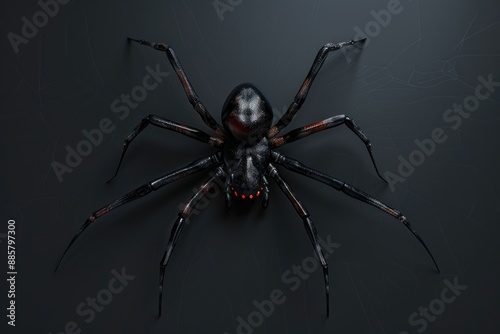 A close-up image of a black widow spider on a dark background
