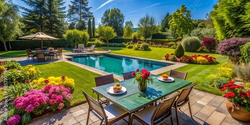 Vibrant green lawn with colorful flowers and lush trees surrounds a sparkling blue pool and a perfectly set outdoor BBQ table on a sunny day. photo