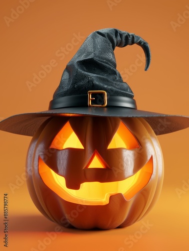 A pumpkin with a black hat on top and a smiley face