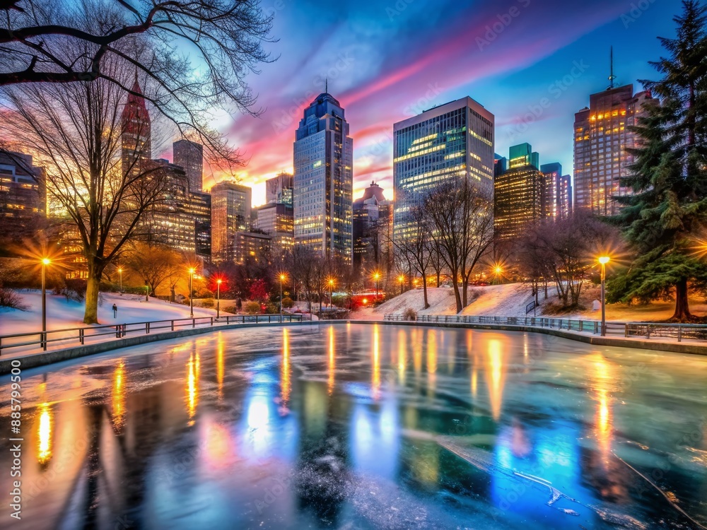 Naklejka premium Empty urban ice skating rink with frozen pond and surrounding cityscape buildings, colorful lights and trees reflecting on the serene ice surface at dusk.