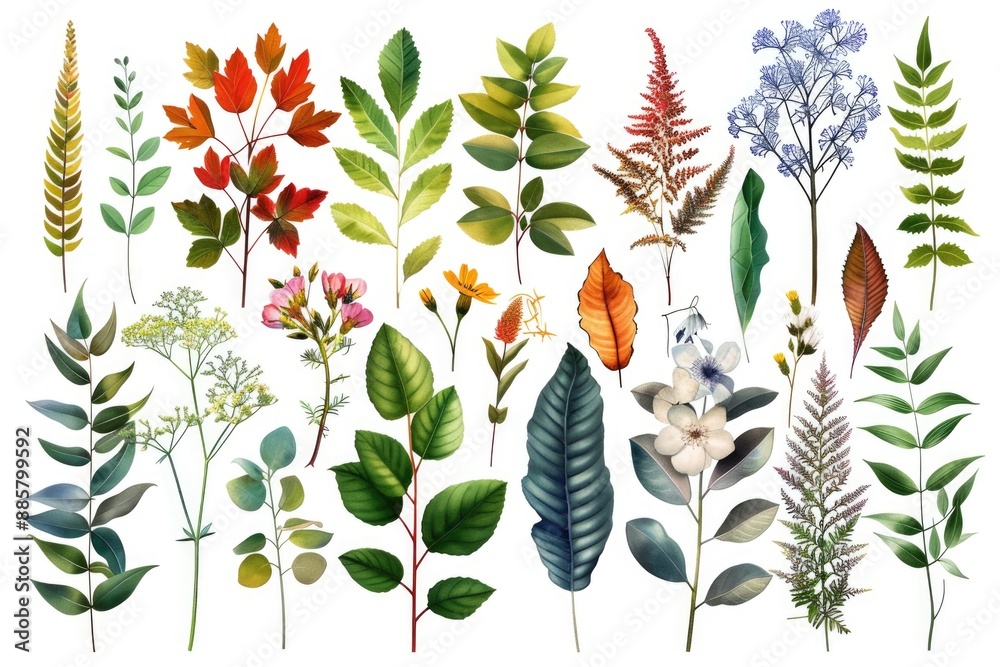 Fototapeta premium A collection of various leaves and flowers on display