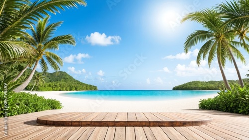 Fototapeta Naklejka Na Ścianę i Meble -  empty flat wooden field with tropical beach background.