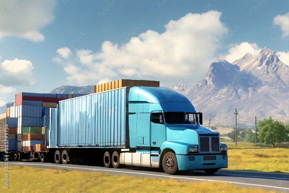 Truck with big container trailer stands on loading. Logistics management of freight transportation. Truck with big container trailer stands on loading. Logistics management of freight transportation.