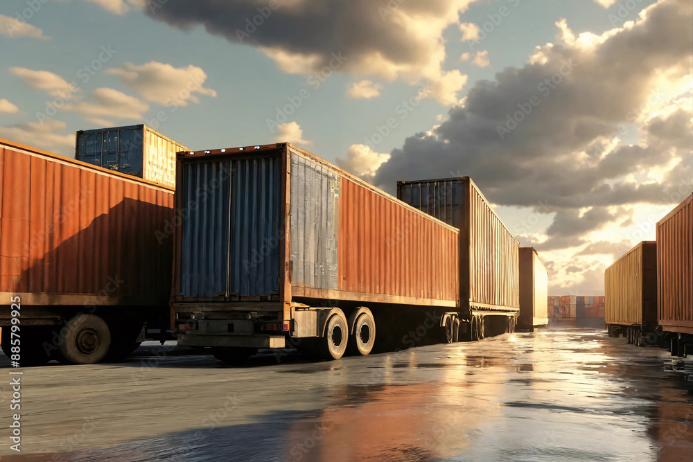 Container trailers stands on loading in freight terminal. Logistics management of freight transportation. Container trailers stands on loading in freight terminal. Logistics management of freight transportation.