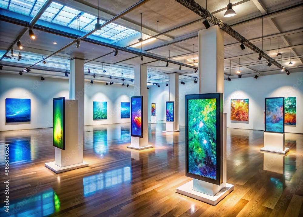 Empty modern art gallery with interactive screens and handheld devices displaying digital art, awaiting visitors for immersive augmented reality museum experience. Empty modern art gallery with interactive screens and handheld devices displaying digital art, awaiting visitors for immersive augmented reality museum experience.