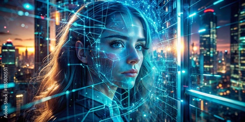 Neon-lit cityscape reflected in shattered glass, circuitry patterns and code streams swirling around a eerie, abandoned holographic display of a young woman's face.