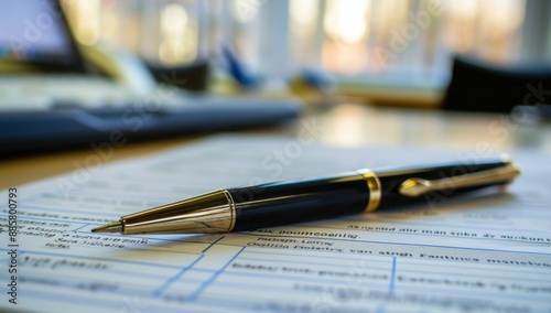 Wallpaper Mural A pen is lying on top of an official document, ready to be used for signing or writing in the foreground, with a blurred office background Generative AI Torontodigital.ca