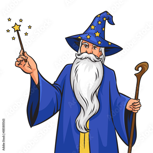 Foto Wizard magician charmer old man fairy tale fabulous character with magic wand white beard and wizard hat pinup pop art retro PNG illustration
