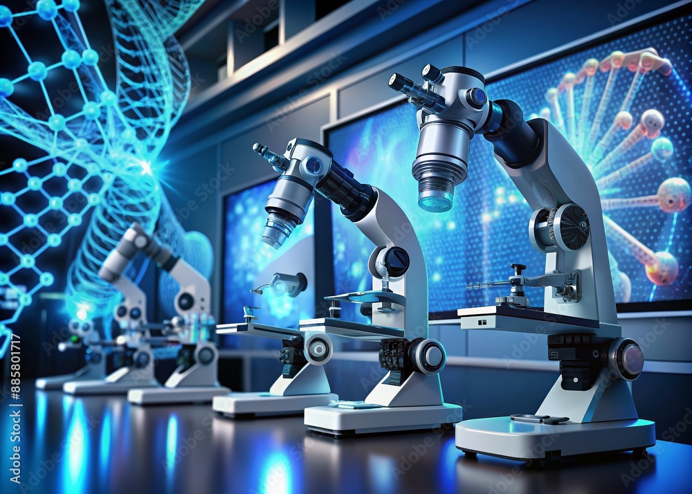 Fototapeta premium Advanced genetic analysis platform with robotic arms, microscopes, and computer screens displaying DNA helix structures, illustrating genome decoding and precision medicine research.