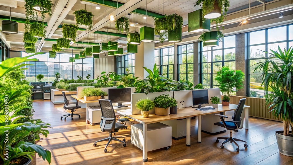A green office with plants and natural light, emphasizing the importance of biophilic design for employee well-being and productivity. Concept of eco-friendly workplaces. Generative Ai. A green office with plants and natural light, emphasizing the importance of biophilic design for employee well-being and productivity. Concept of eco-friendly workplaces. Generative Ai.