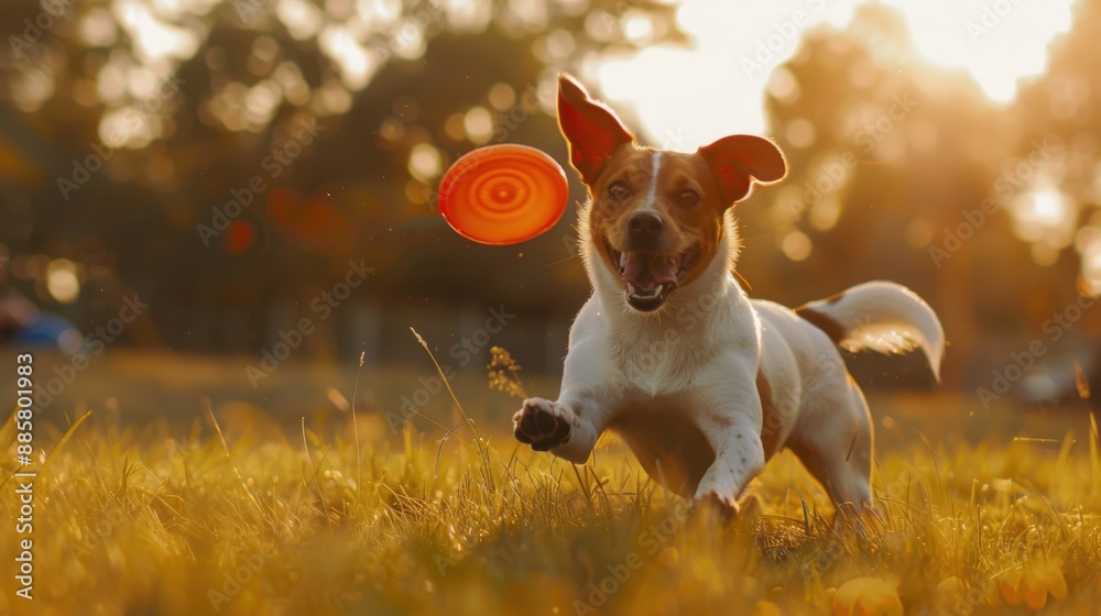 Excited dog catching frisbee in a park during walking session, with copy space Excited dog catching frisbee in a park during walking session, with copy space