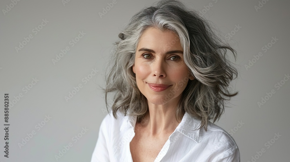 Smiling Mature Woman with Gray Hair and White Shirt on Textured Gray Background Smiling Mature Woman with Gray Hair and White Shirt on Textured Gray Background
