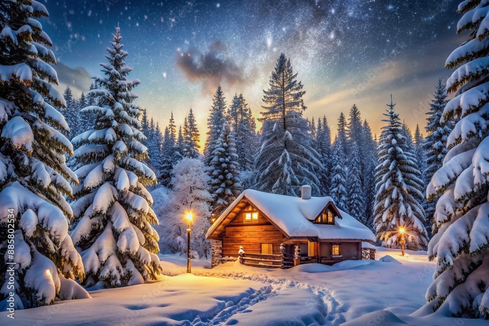 Naklejka premium Snowflakes gently fall on a secluded cabin surrounded by towering snow-covered trees, enveloped in a serene winter wonderland, exuding warmth and tranquility.