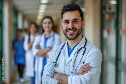 male Doctor, hospital and portrait with team for medical service, healthcare and insurance for medicine. Expert nurse, clinic and confident for wellness. health worker - generative ai