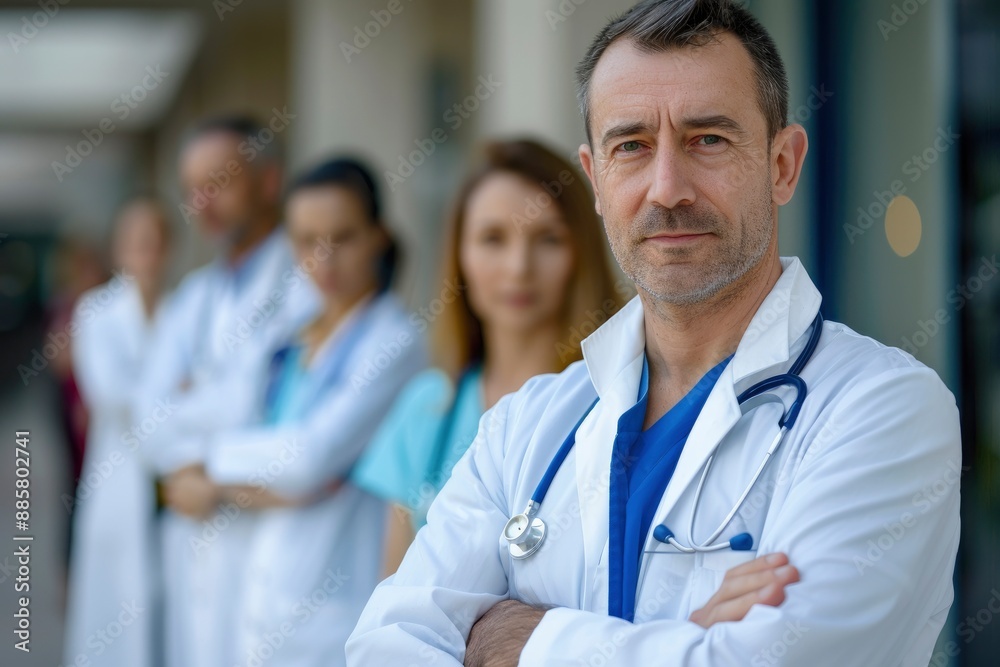male Doctor, hospital and portrait with team for medical service, healthcare and insurance for medicine. Expert nurse, clinic and confident for wellness. health worker - generative ai male Doctor, hospital and portrait with team for medical service, healthcare and insurance for medicine. Expert nurse, clinic and confident for wellness. health worker - generative ai