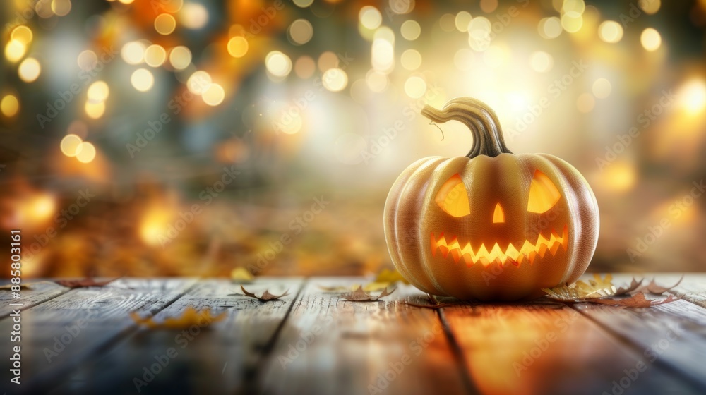 A pumpkin with a scary face is sitting on a wooden table A pumpkin with a scary face is sitting on a wooden table