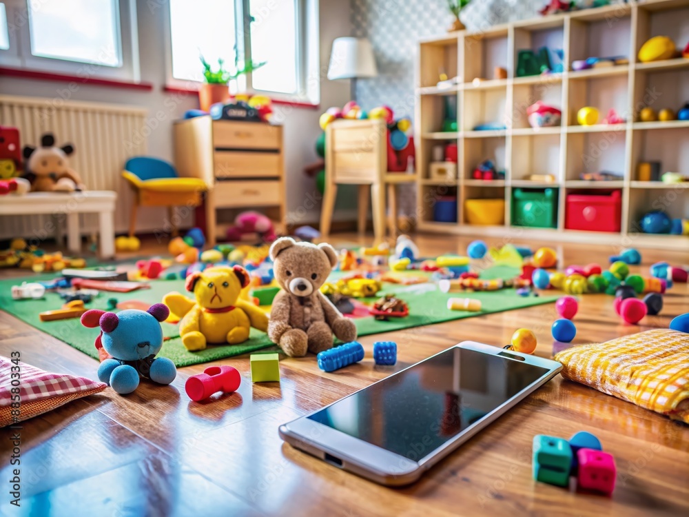A kid's room floor cluttered with toys, a abandoned smartphone plays a colorful cartoon, emphasizing digital literacy for children in the modern world. A kid's room floor cluttered with toys, a abandoned smartphone plays a colorful cartoon, emphasizing digital literacy for children in the modern world.