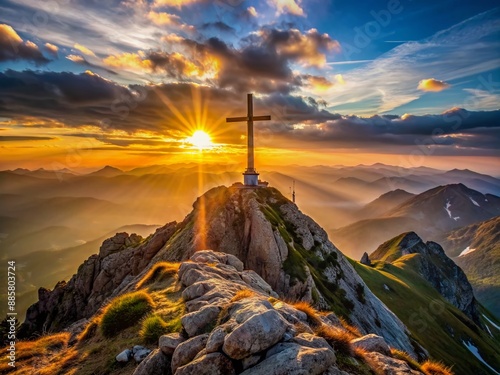 Serene landscape of a majestic mountain peak at sunset, with a lone cross placed at the summit, symbolizing gratitude and devotion to a higher power.