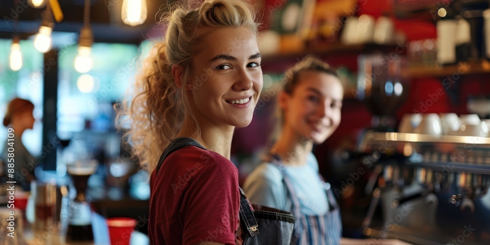 A woman working at a restaurant counter with customers seated in front of her A woman working at a restaurant counter with customers seated in front of her