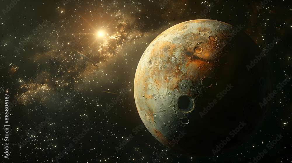 A solar planet depicted in a cosmic environment with a nearby star shining brightly A solar planet depicted in a cosmic environment with a nearby star shining brightly
