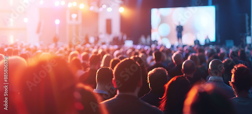 Audience listens to a speaker at a large event