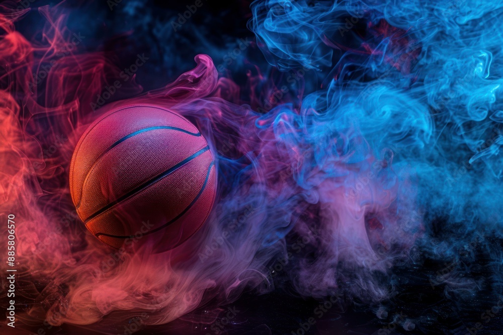 Dynamic image of a basketball surrounded by swirling red and blue smoke Dynamic image of a basketball surrounded by swirling red and blue smoke